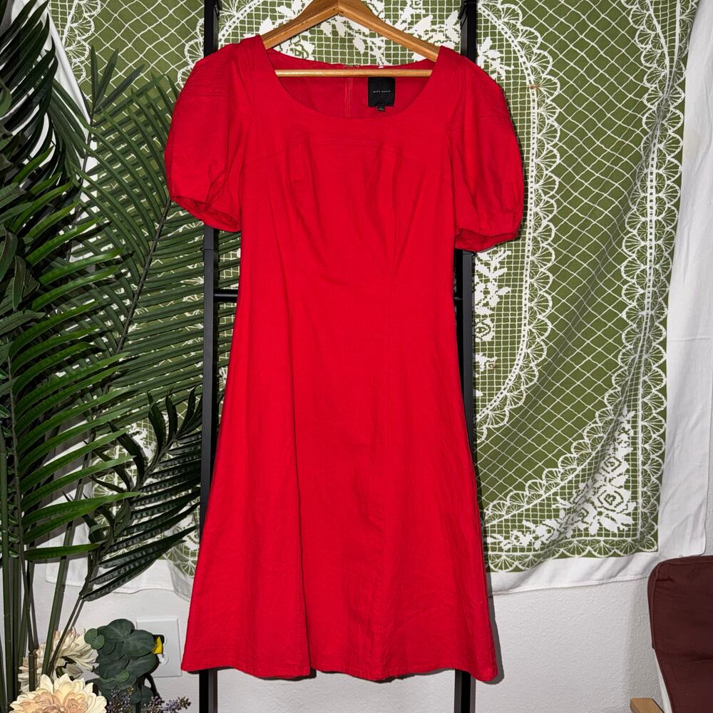 Linen‎ Blend Puff Sleeve Midi Dress Square Neck Size 4 Fit & Flare
